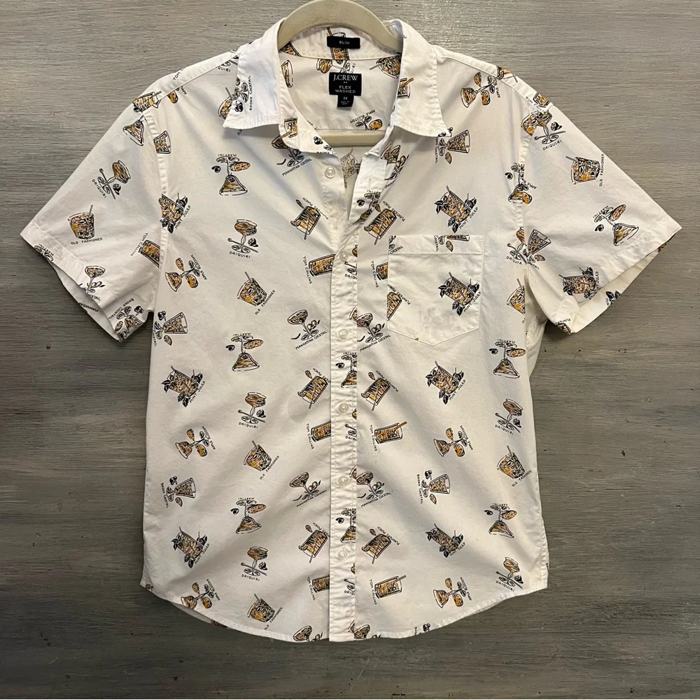 J. Crew Men’s Flex Washed Vintage Cocktail Print‎ Button Down Shirt Medium LN